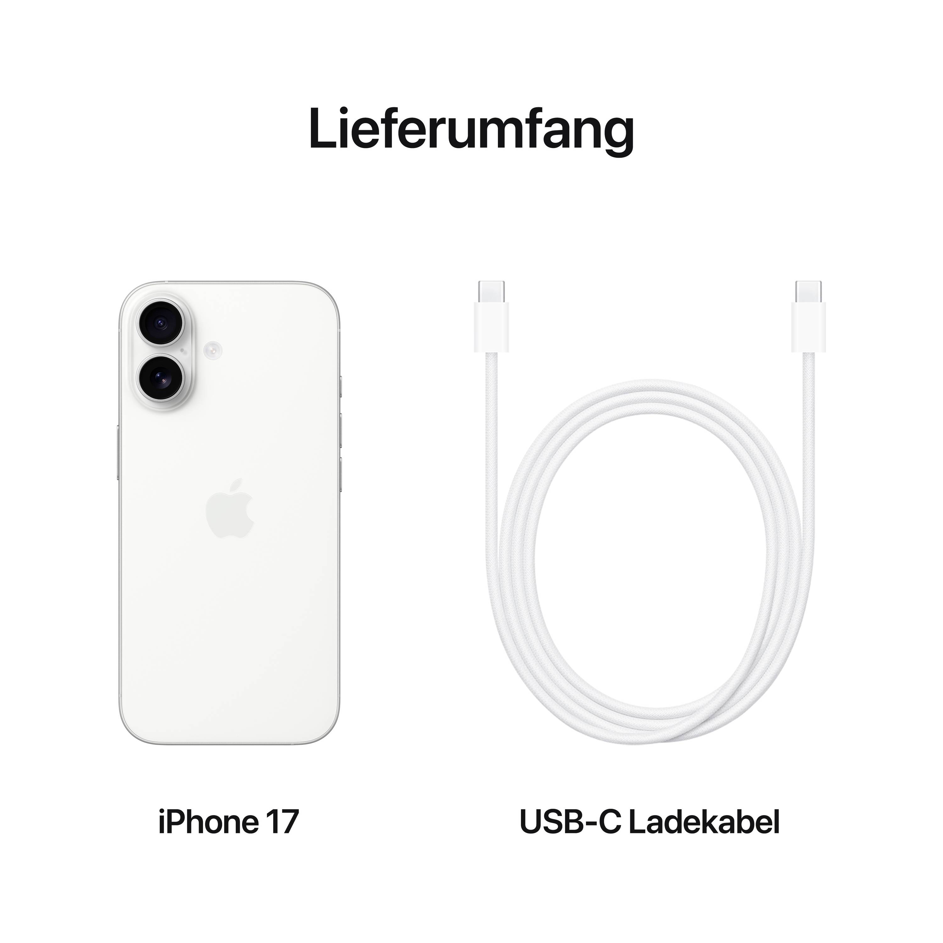 'Leveringsomvang: iPhone 17 en USB-C-oplaadkabel naast elkaar weergegeven.'