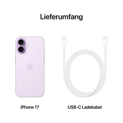 De afbeelding toont de leveringsomvang van een iPhone 17 in lila kleur en een wit USB-C-oplaadkabel. Bovenaan staat 'Leveringsomvang'.