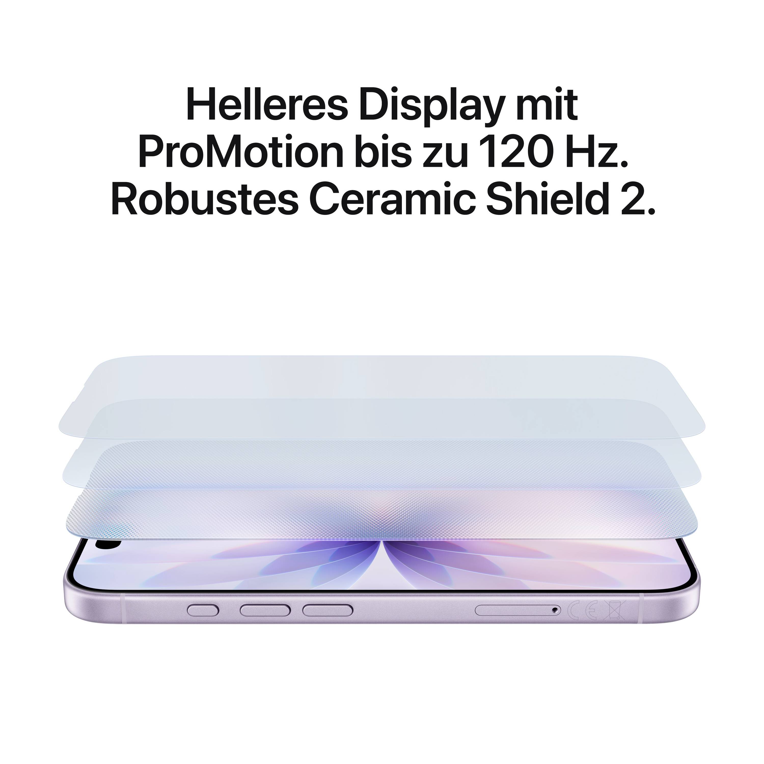 'Helder display met ProMotion tot 120 Hz. Robuust Ceramic Shield 2.' toont een smartphone met meerdere displaylagen.
