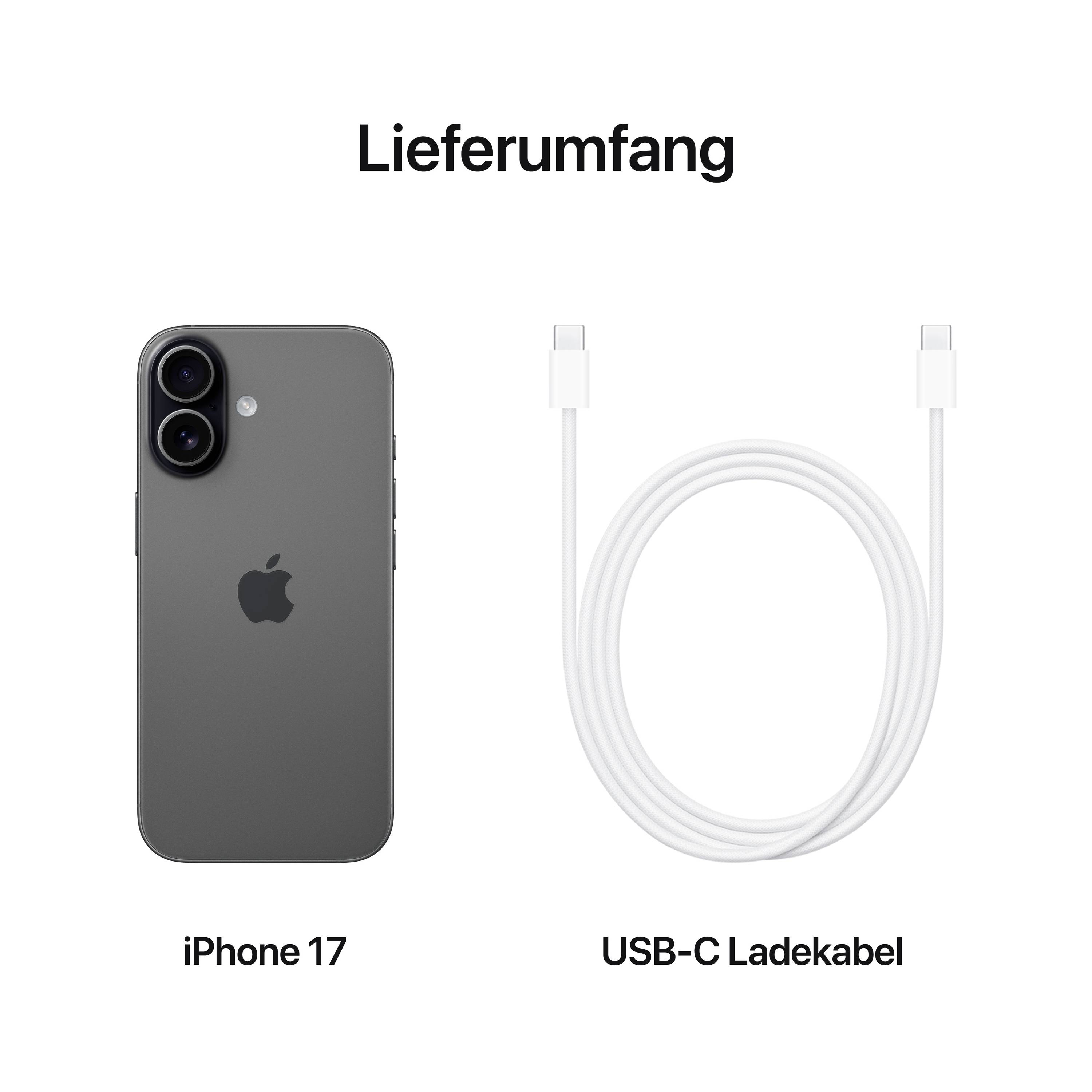 Afgebeeld zijn een grijs smartphone en een wit USB-C oplaadkabel met de aanduiding 'Leveringsomvang', 'iPhone 17' en 'USB-C oplaadkabel'.