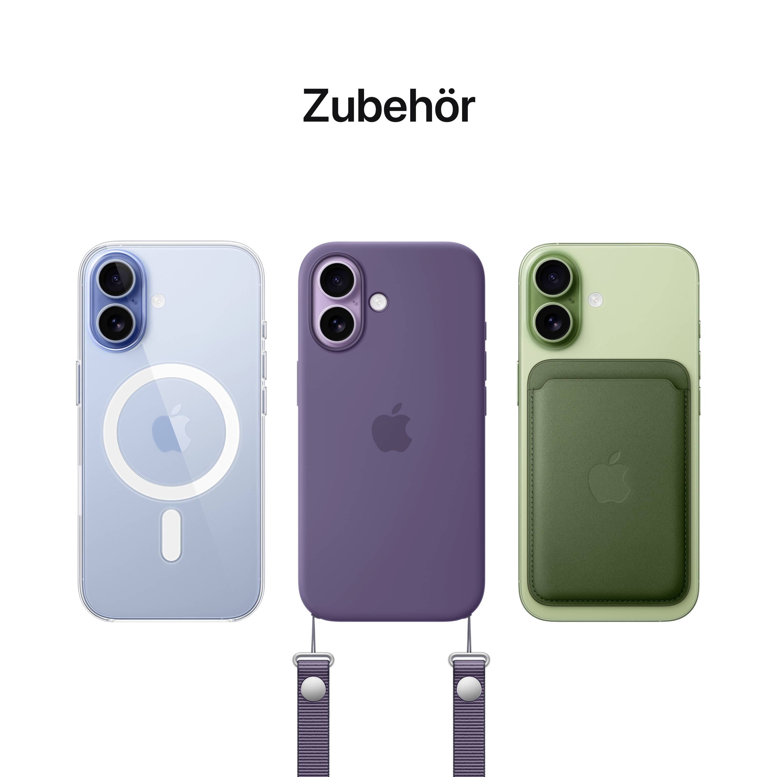 Drie iPhones met verschillende accessoires: een blauwe met een hoes en houder, een paarse en een groene met een kaarthouder.
