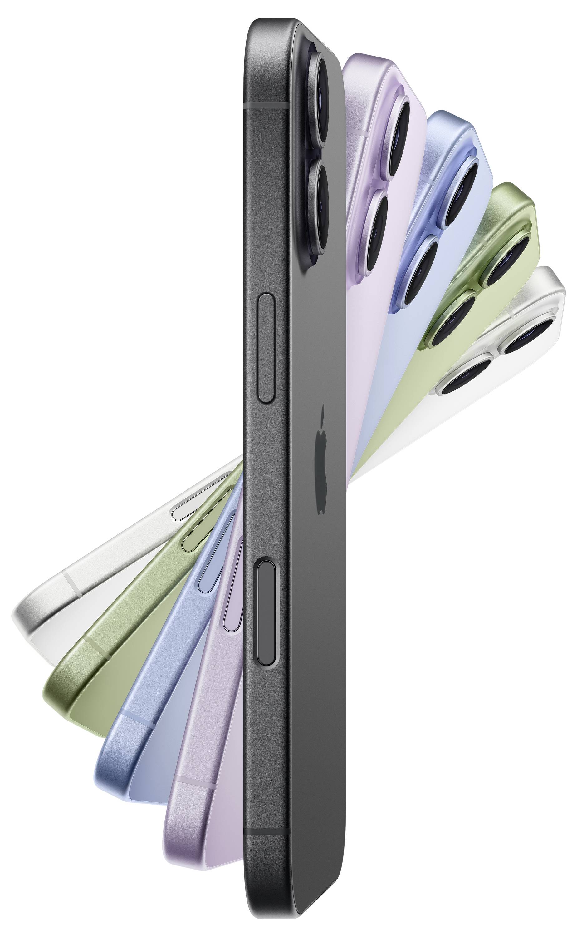 Een rij smartphones in verschillende kleuren, waaronder grijs, roze, groen, blauw en wit, tentoongesteld in een waaieropstelling om het design te benadrukken.