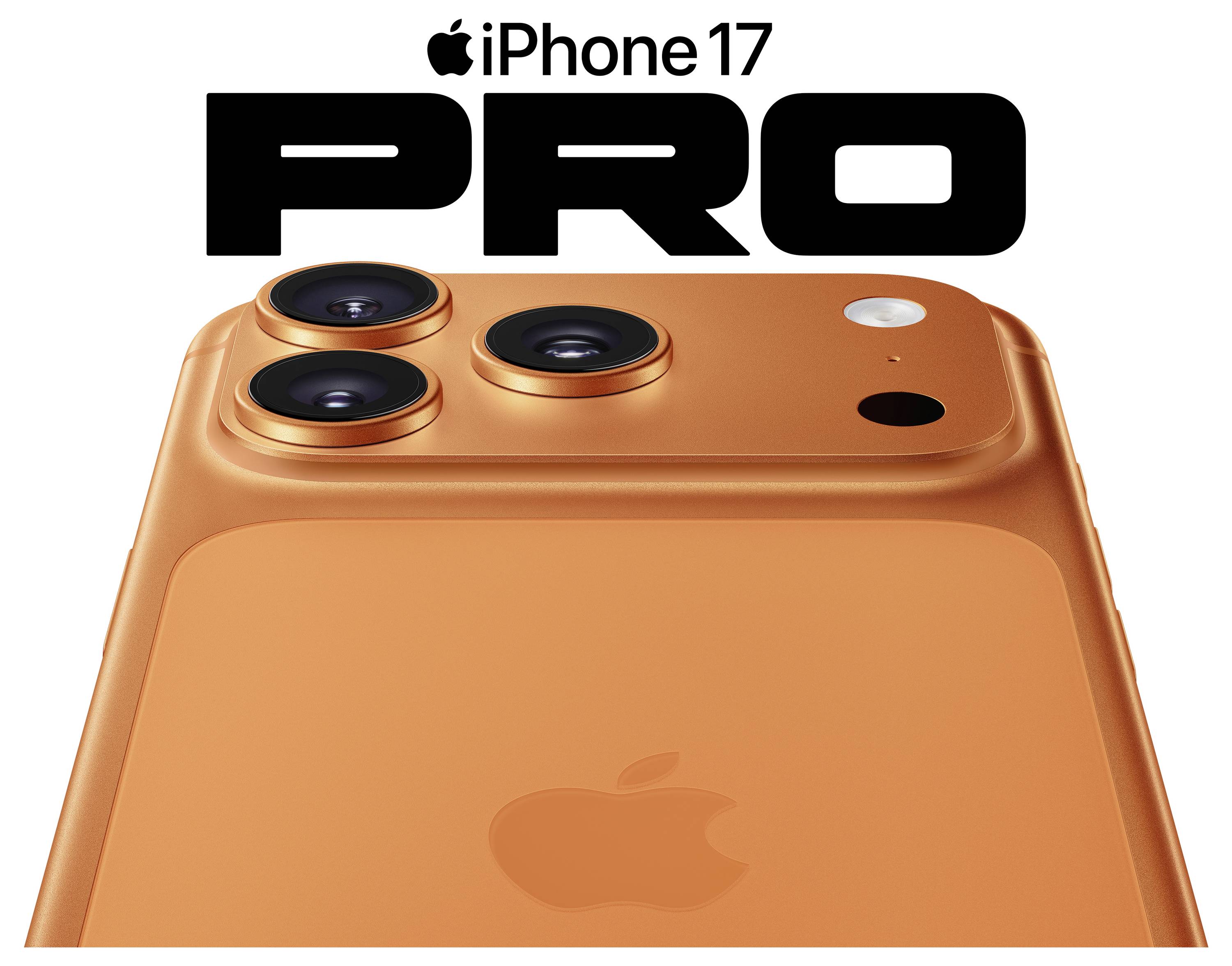 Een oranje smartphone met drie cameralensen en een LED-flitser. Tekst boven staat 'Apple iPhone 17 Pro'. Het Apple-logo is zichtbaar.