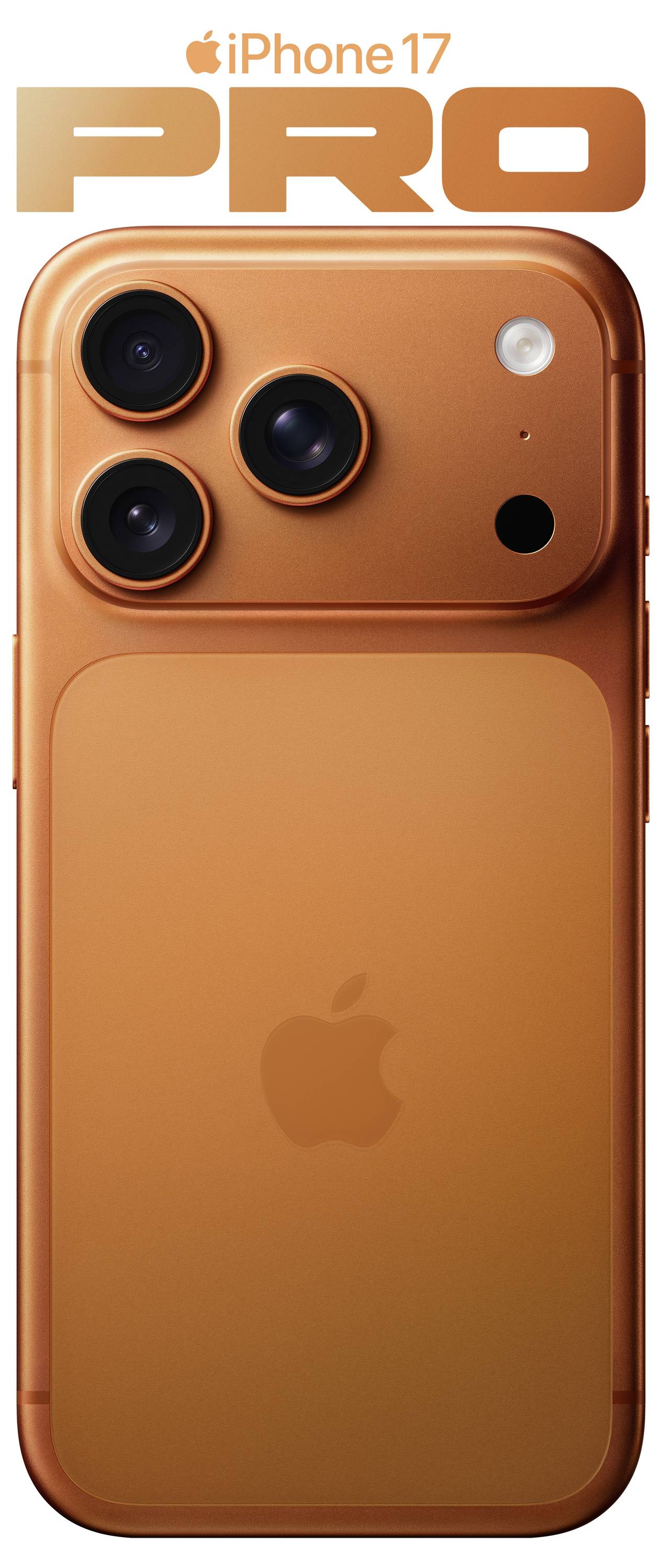 Oranje iPhone 17 Pro achteraanzicht met drie camera's, grote lens en Apple-logo; tekst boven luidt 'iPhone 17 Pro'.