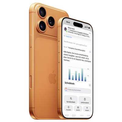 Een glanzende oranje smartphone met een driedubbele camera en een scherm waarop een e-mailinterface en een staafdiagram worden weergegeven, wat wijst op een focus op productiviteit.