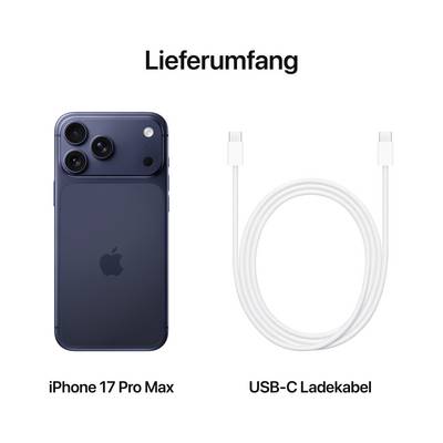 'Leveringsomvang': Een 'iPhone 17 Pro Max' in donkerblauw en een wit USB-C oplaadkabel afgebeeld.