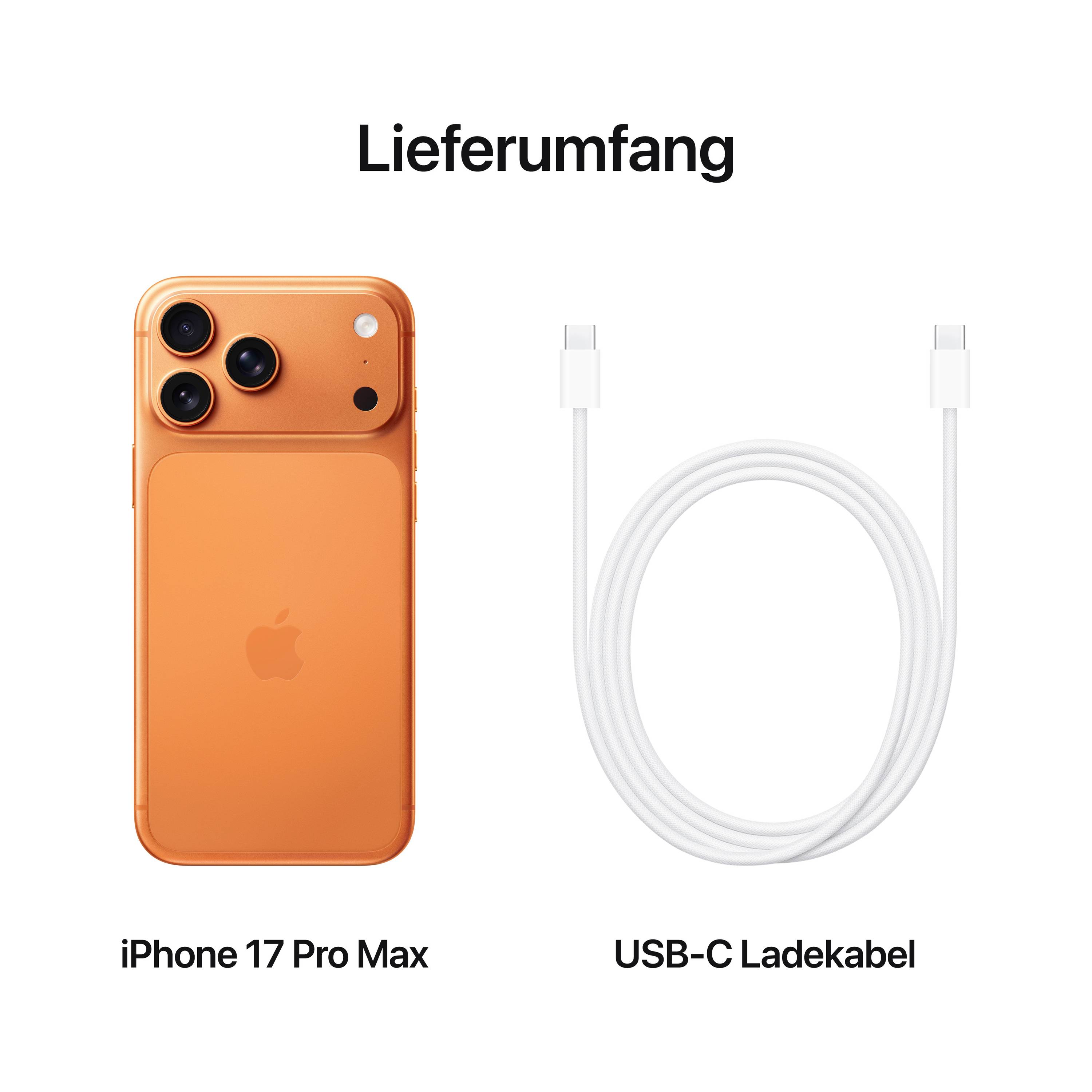 Leveringsomvang: iPhone 17 Pro Max en USB-C oplaadkabel' - Afbeelding toont de smartphone in het oranje naast een oplaadkabel.