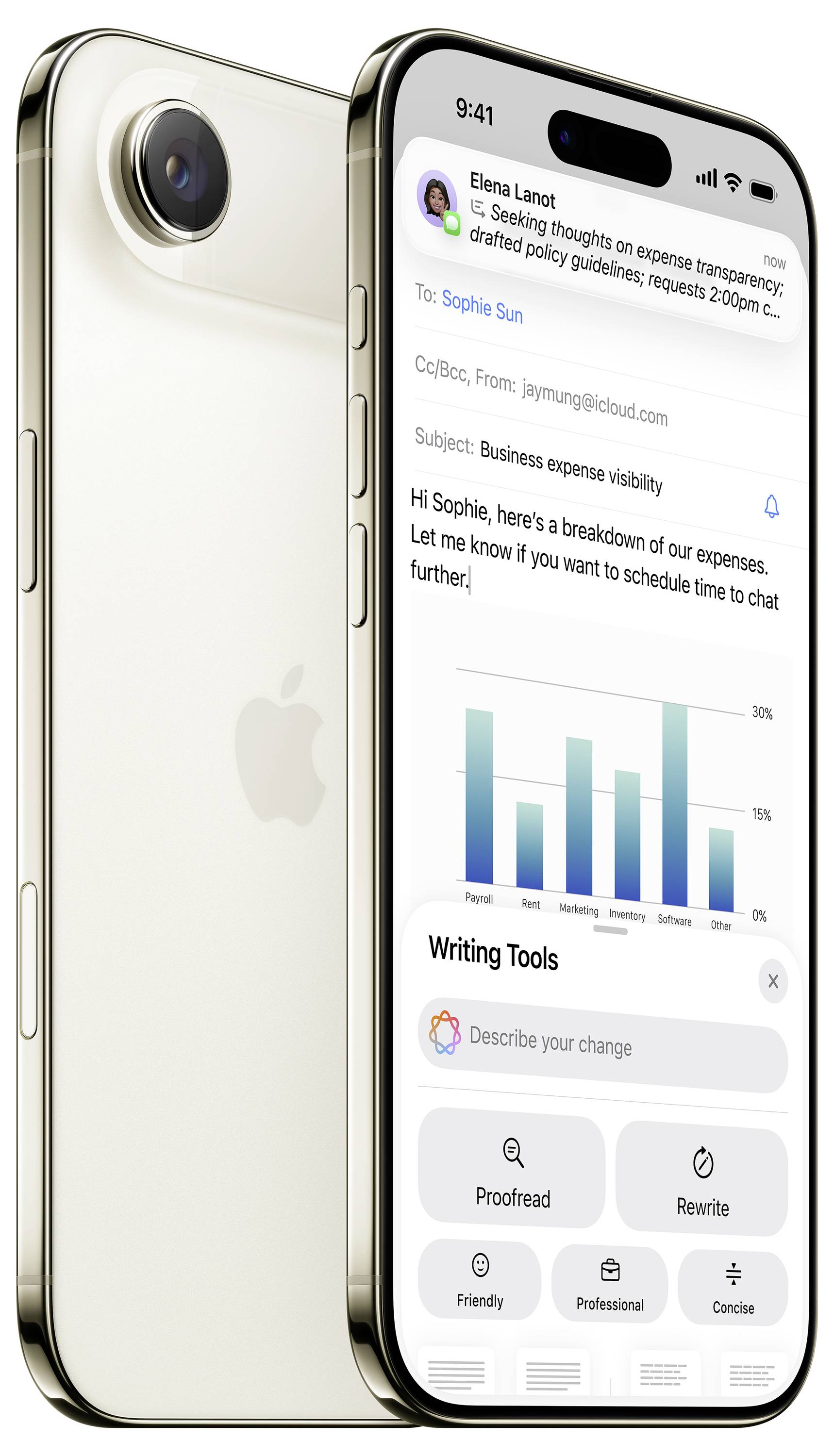 Een smartphone getoond met een e-mail-app-interface geopend, waarop een zakelijke e-mail over kostenbestendigheid wordt weergegeven. De telefoon is schuin gezet om de zijkant en voorkant te laten zien.