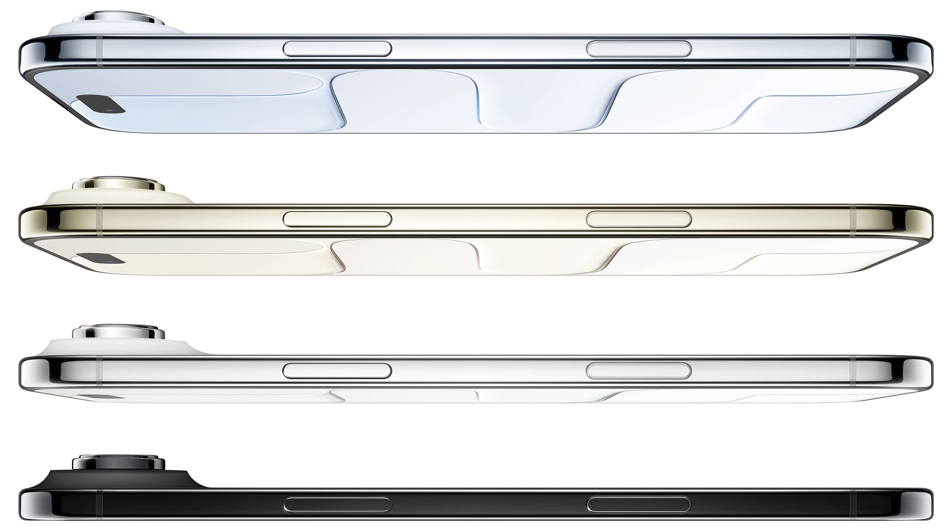 Zij-aanzicht van vier slanke smartphones horizontaal gestapeld, waarbij verschillende kleuren worden getoond: lichtblauw, beige, wit en zwart, met verhoogde camerabulten.