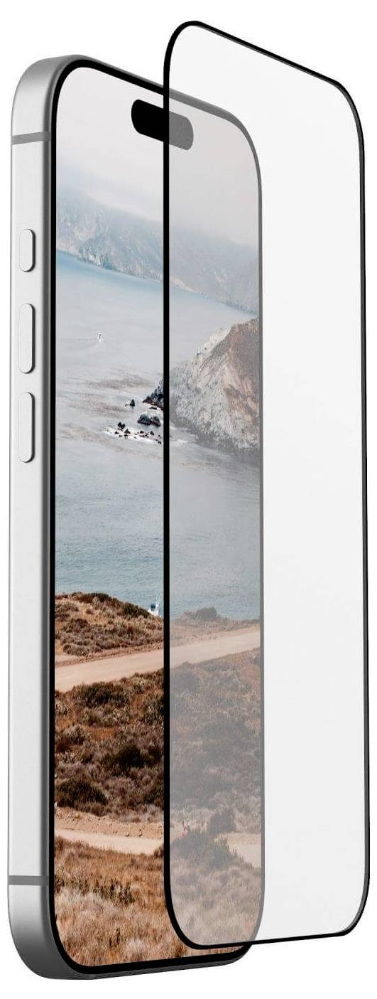 Smartphone met een strand tafereel op het scherm, gedeeltelijk bedekt door een transparante beschermende screenprotector, met nadruk op schermbeveiliging.
