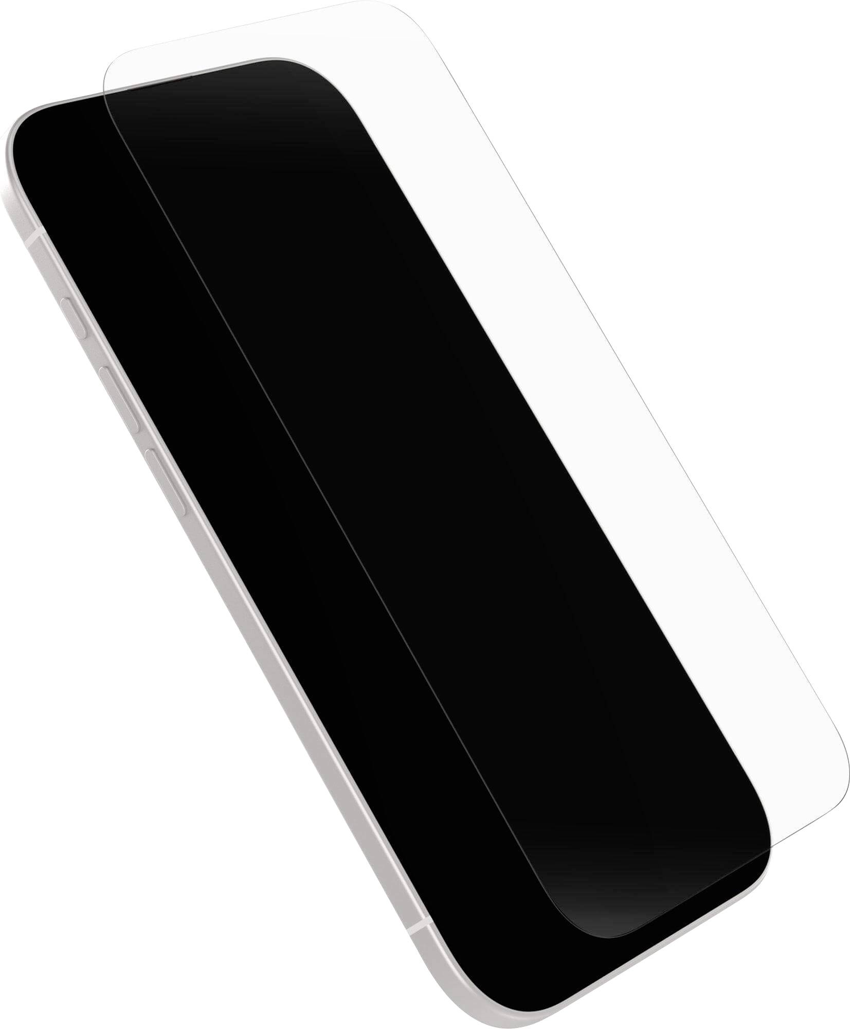 Schuin aanzicht van een smartphone met een transparante screenprotector die gedeeltelijk is aangebracht, ter illustratie van de pasvorm en dekking op het toestel.