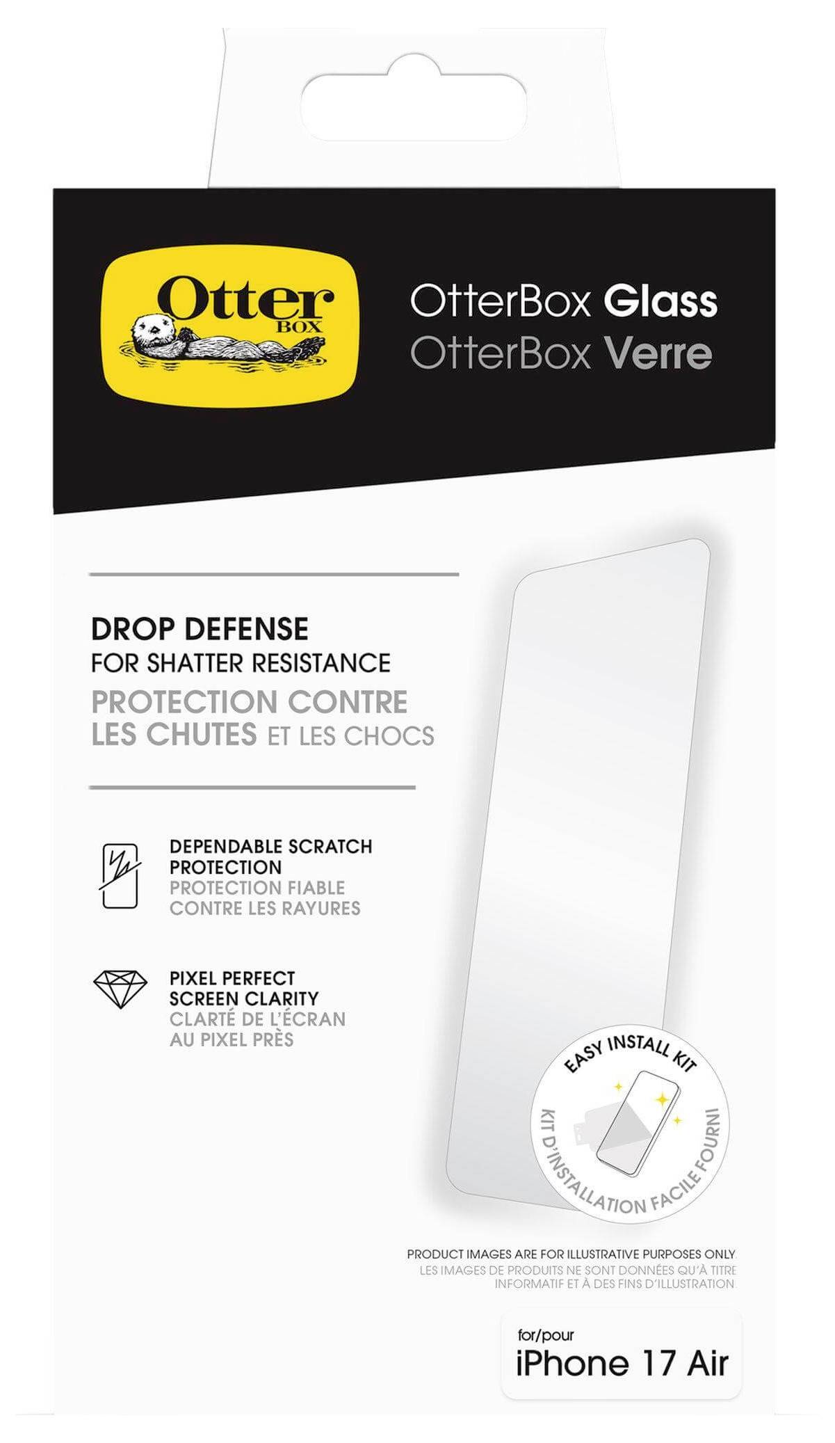 OtterBox glazen screenprotector voor iPhone 17 Air, met scherfbestendigheid, krasbescherming en pixelduidelijkheid, inclusief eenvoudige installatiekit.