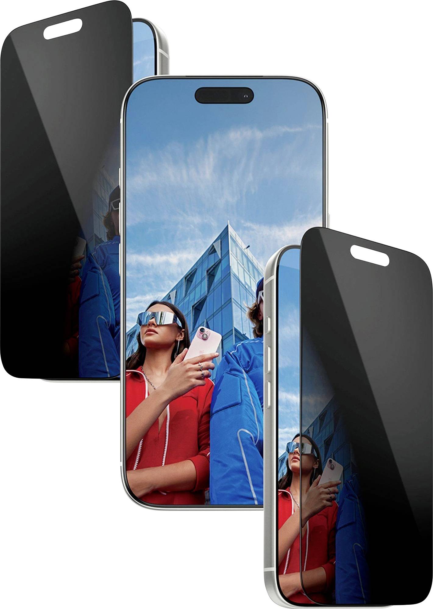 'Privacy screenprotectors voor smartphones, zijdelingse inkijk blokkeren. Display toont twee personen met zonnebrillen voor een wolkenkrabber achtergrond.'