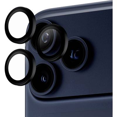 Achteraanzicht van een donker gekleurde smartphone met drie cameraleenzen, waarbij kleine afneembare lensdeksels zweven naast de lenzen.