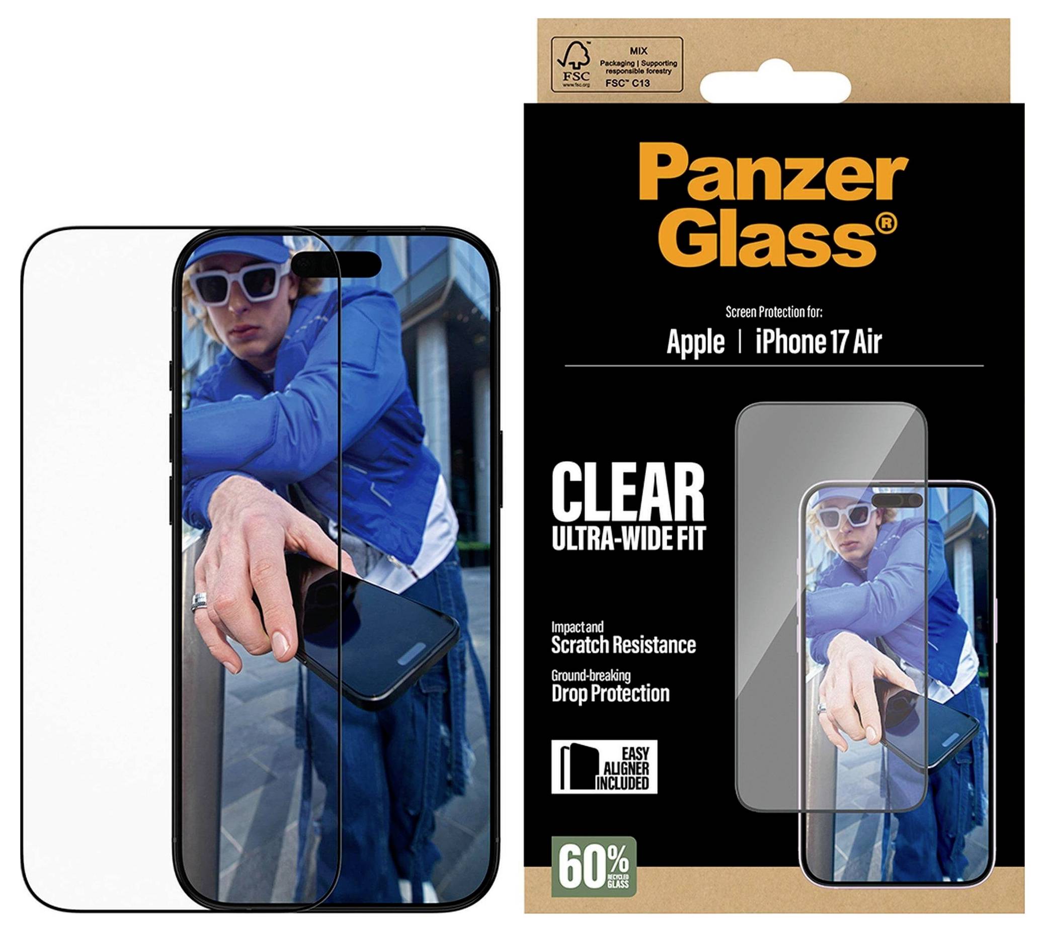 Verpakking voor PanzerGlass screenprotector voor Apple iPhone 17 Air. Toont afbeelding van persoon die telefoon vasthoudt, waarbij val- en krasbestendigheidsfuncties worden geaccentueerd.