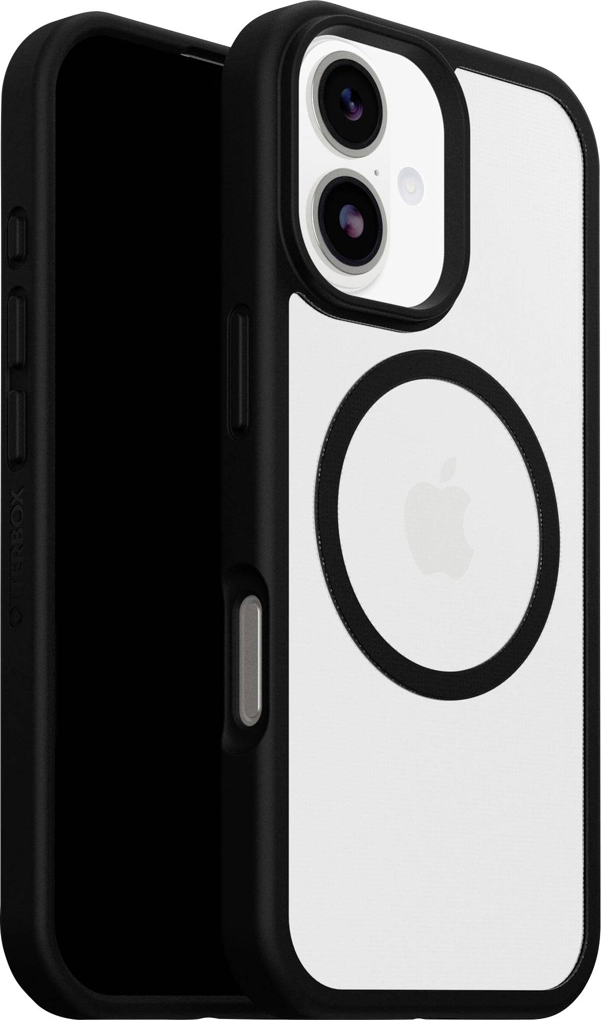 Een smartphonehoes met een witte achterkant, een zwarte rand en een groot rond MagSafe-embleem in het midden, ontworpen voor een iPhone.
