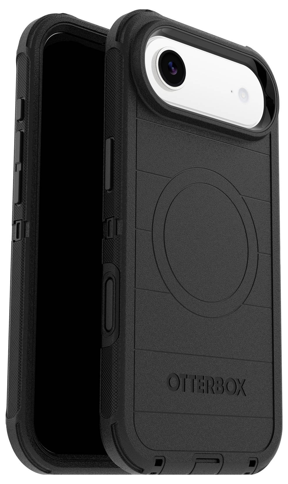 Een zwarte OtterBox telefoonhoes met een robuust ontwerp en een cirkelvormig patroon op de achterkant, die gedeeltelijk een smartphone met een witte camera-module bedekt.