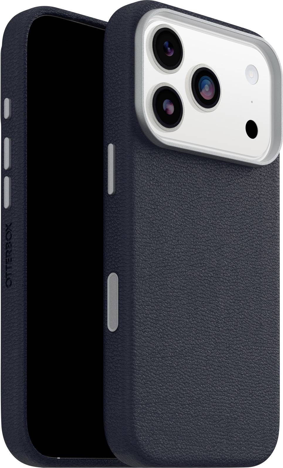 Een smartphone in een donkere, gestructureerde behuizing die de achterkant toont met drie cameraloze lenzen en een flitser. De behuizing heeft zijknoppen.