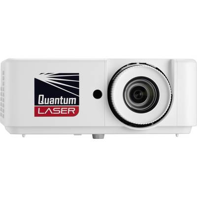 Een witte projector met het label 'Quantum Laser' voorzien van een prominente lens en een logo met scherpe hoekige lijnen, wat geavanceerde lasertechnologie aanduidt.