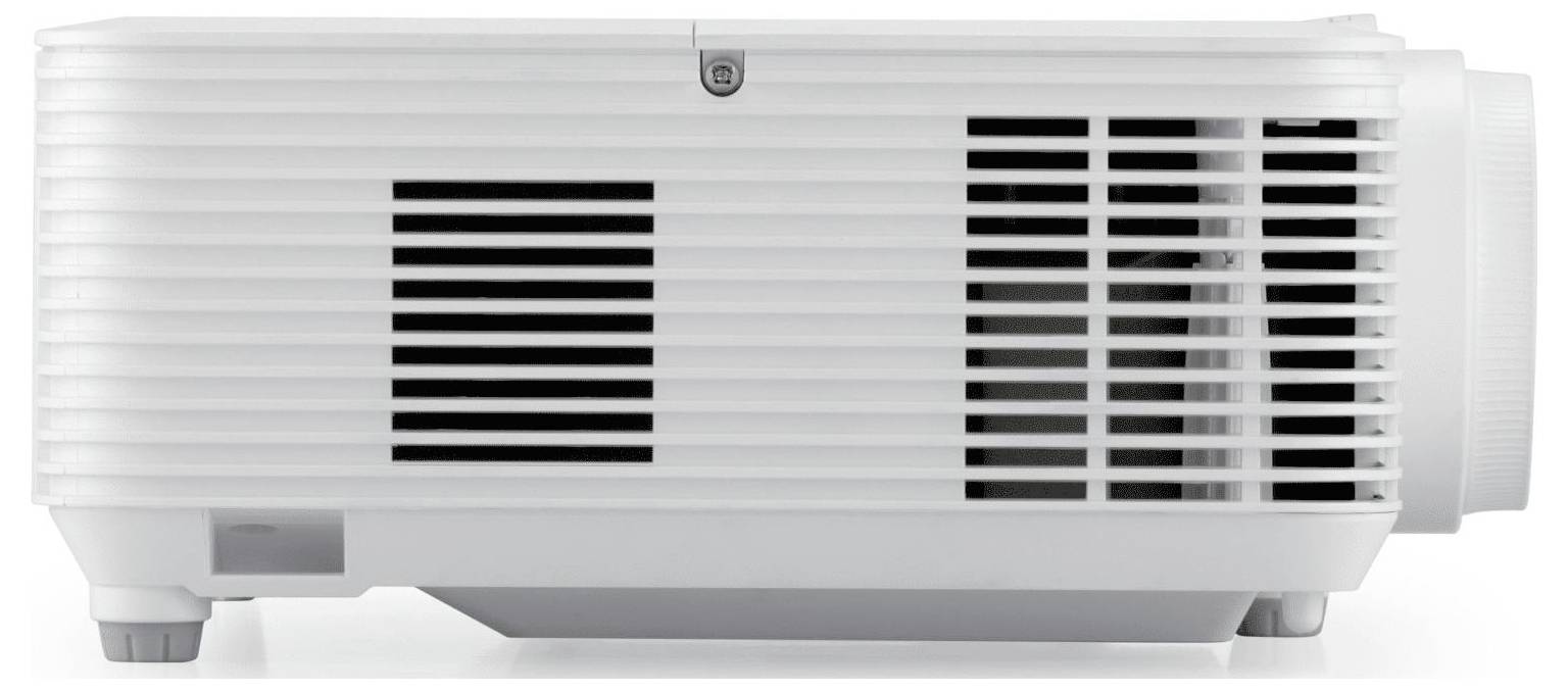 Een witte, rechthoekige projector met ventilatiesleuven aan de zijkant, ontworpen voor presentaties of thuisbioscoop gebruik.