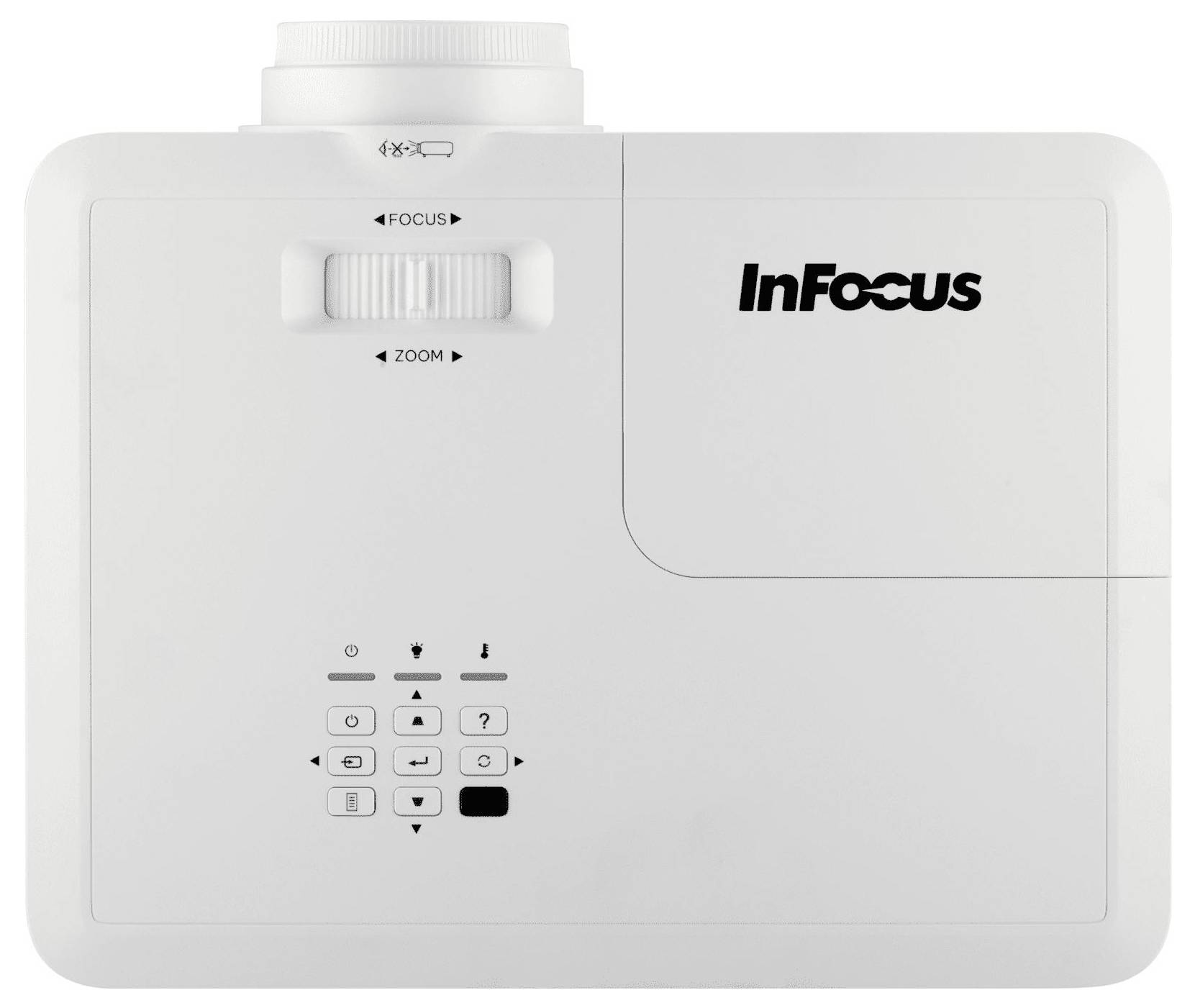 Een witte projector met focus- en zoomwielen, voorzien van het label 'InFocus', met een bedieningspaneel met knoppen voor navigatie en instellingen.