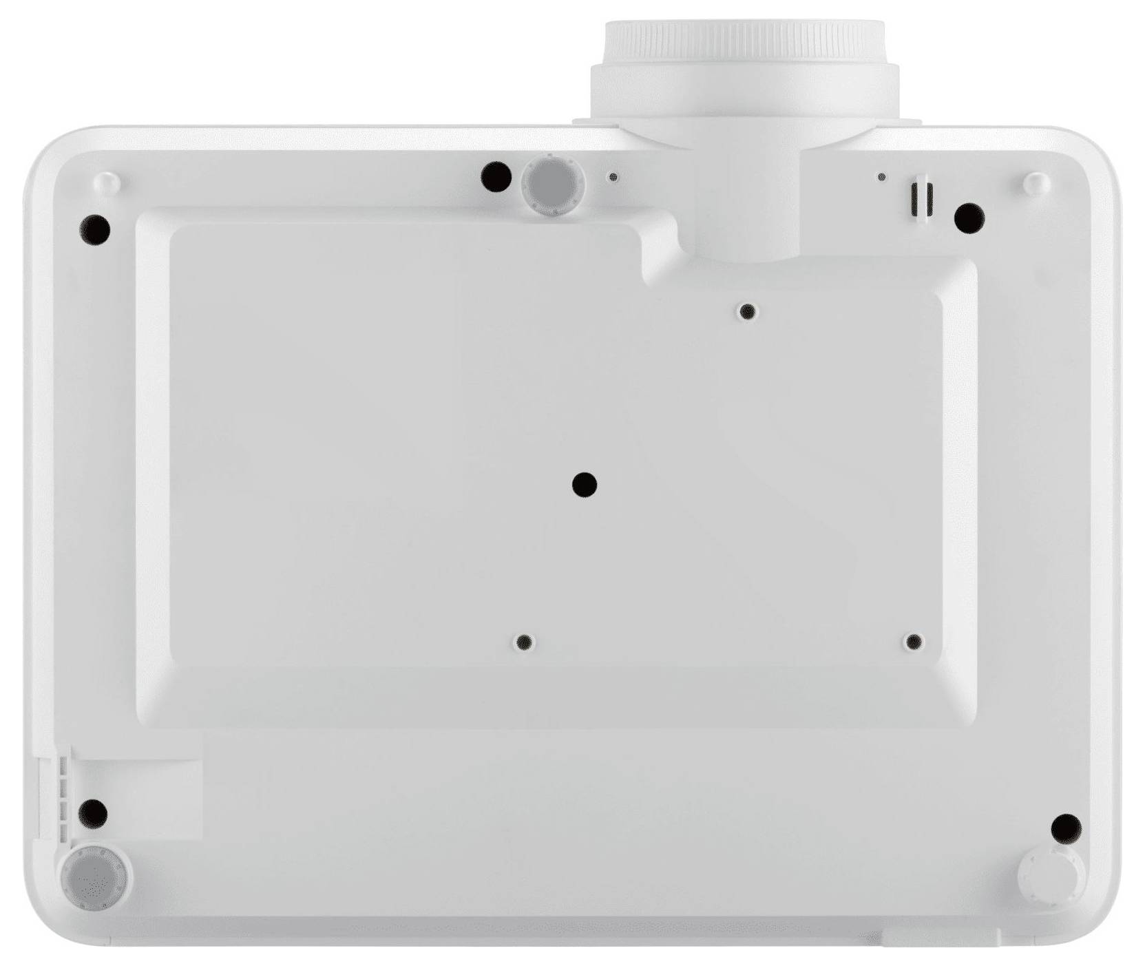 De afbeelding toont de onderkant van een witte projector, met schroefgaten en rubberen voetjes voor bevestiging.