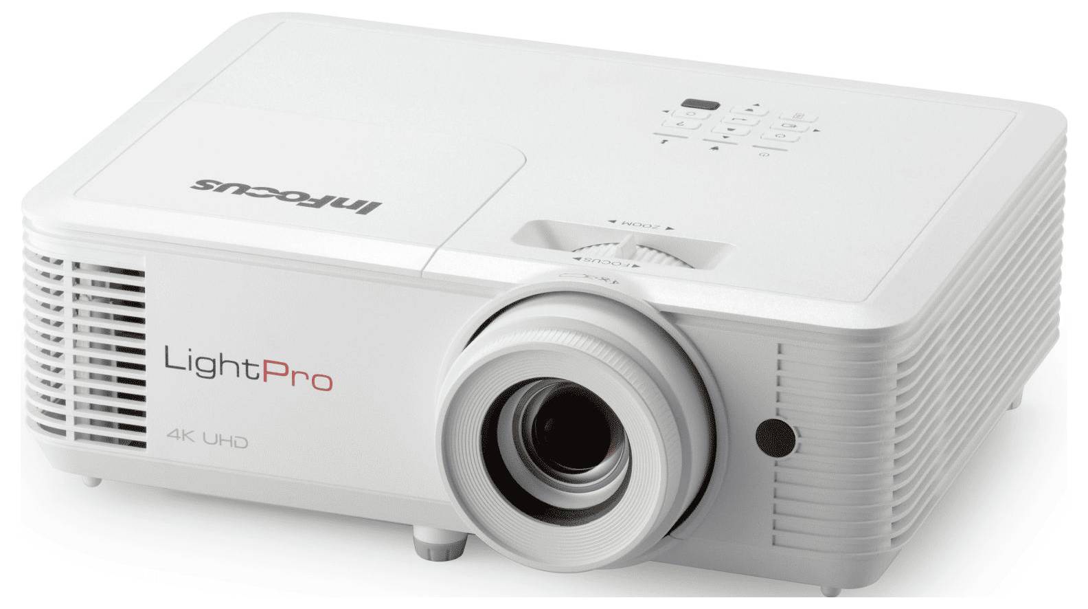 Een witte projector met het merk 'InFocus' en model 'LightPro 4K UHD' aan de zijkant gedrukt, met bedieningsknoppen aan de bovenkant.
