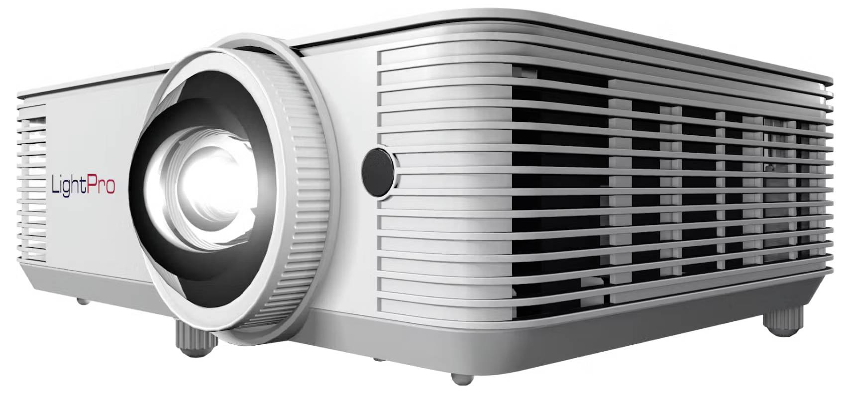 Een zilveren draagbare projector met het 'LightPro' logo aan de zijkant, die een vooraanzicht toont met een verlichte lens, ontworpen voor presentaties en media.