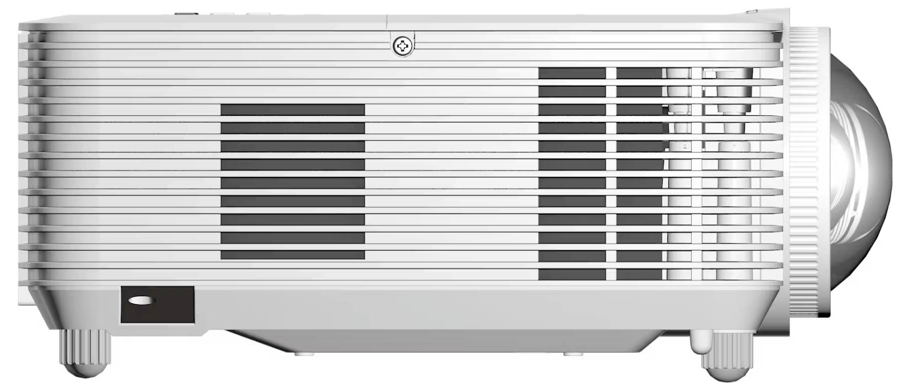 Een zilveren digitale projector, waarbij de zijaanzicht de koelventilatie en lens zichtbaar maakt, rust op vier kleine voetjes, klaar voor gebruik.