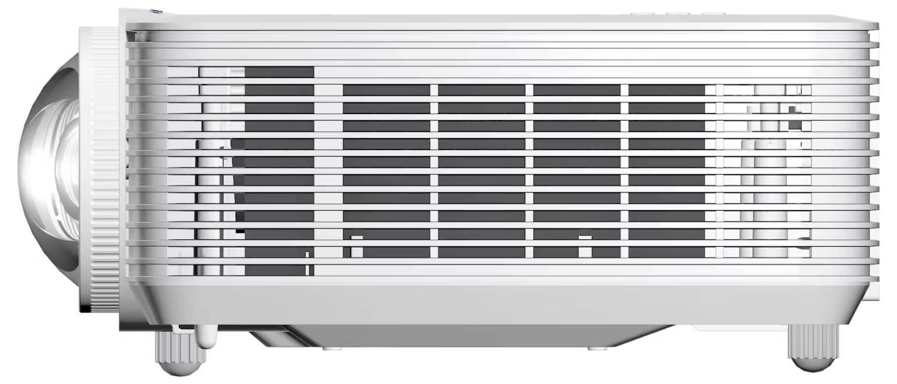 Een digitale projector met een zilver- en grijze metalen vormgeving, voorzien van een opvallende lens aan de linkerzijde en ventilatiesleuven.