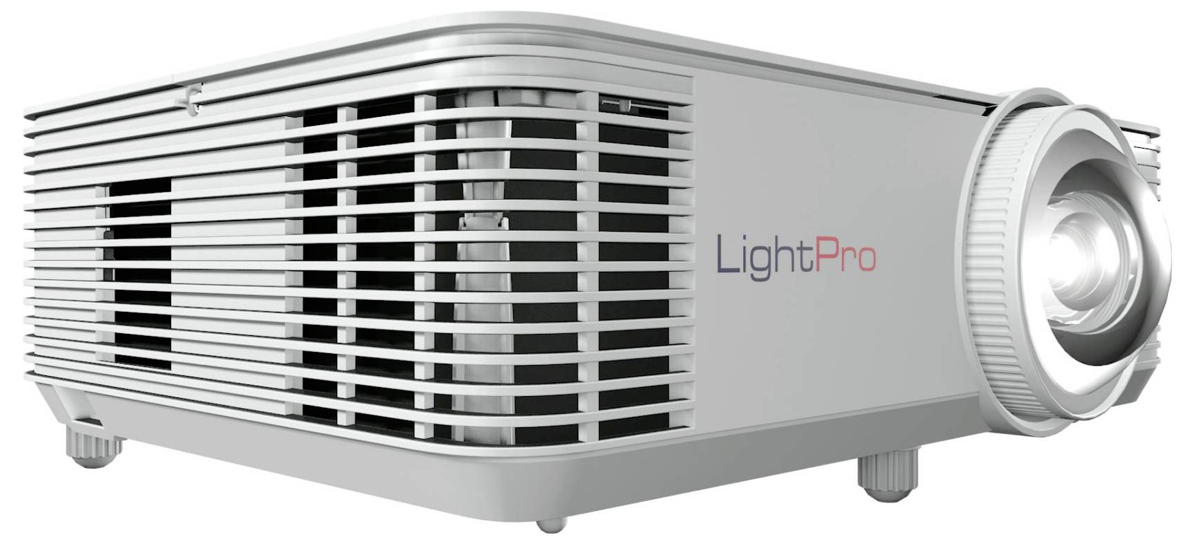 Projector met 'LightPro' branding aan de zijkant, diagonaal gepositioneerd om de lens aan de rechtervoor en de geventileerde behuizing aan de linkerkant te tonen.