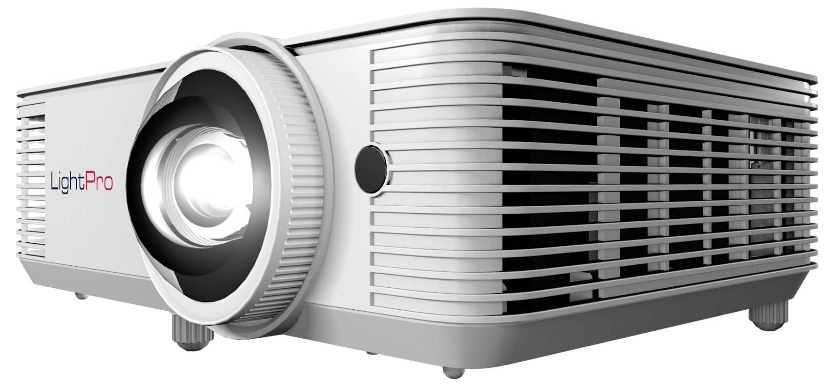 Een strakke, witte projector met het label 'LightPro' en een prominente lens, ontworpen voor presentaties en multimediapresentaties.