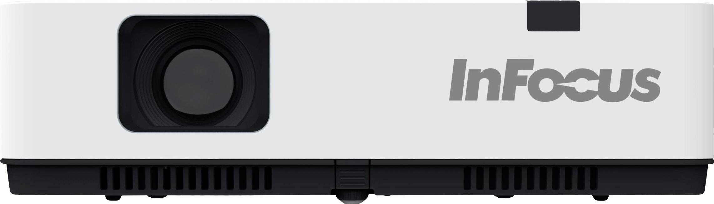 Vooraanzicht van een witte InFocus-projector, waarbij de lens zich links bevindt en de merkidentiteit rechts staat.