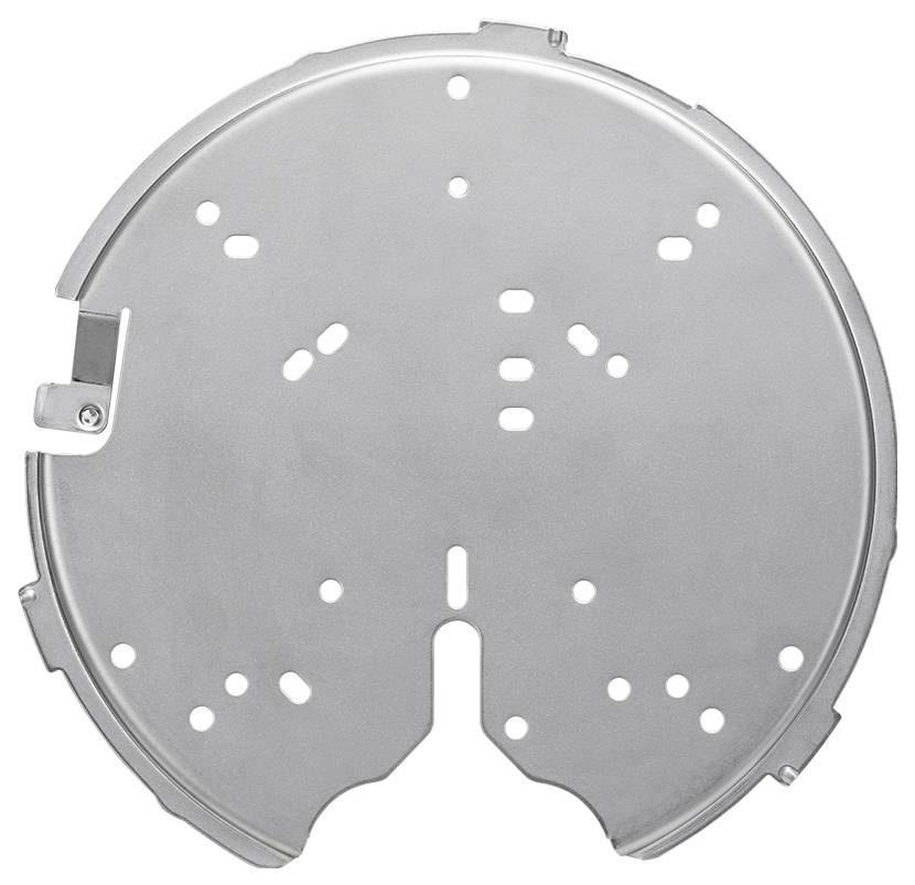 Een ronde, metalen schijf met verschillende gaten en inkepingen, waarschijnlijk een onderdeel van een mechanische of industriële assemblage.
