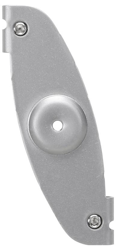 Een afbeelding van een metalen skateboard truck baseplate die schroefgaten en een centrale cirkelvormige indruk toont voor bevestiging aan het skateboard deck.