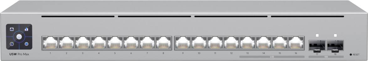 Een netwerkaansluitpunt met 16 Ethernet-poorten en 2 glasvezelpoorten, ontworpen voor hoogpresterende connectiviteit en netwerkbeheer.