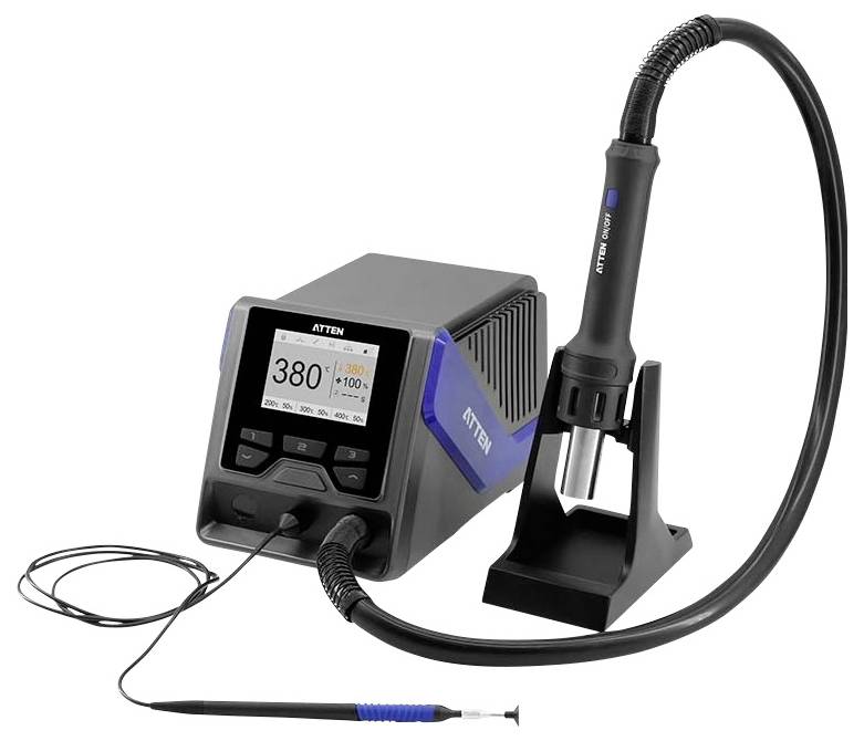 Een digitale soldeerstations met een display waarop '380°C' wordt weergegeven, een aangesloten soldeerbout en een houder, gebruikt voor nauwkeurige elektronische soldeerwerkzaamheden.