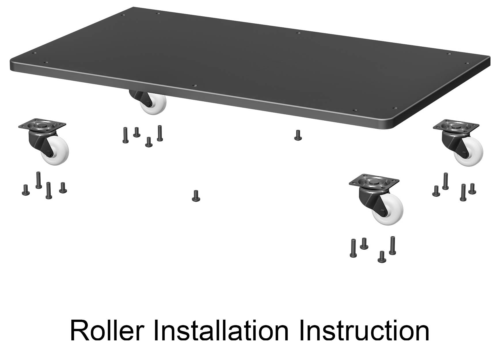 Diagram van een zwart platform met vier zwenkwielen en schroeven, gelabeld 'Instructies voor rollerinstallatie', met weergave van de bevestigingspunten van de wielen.