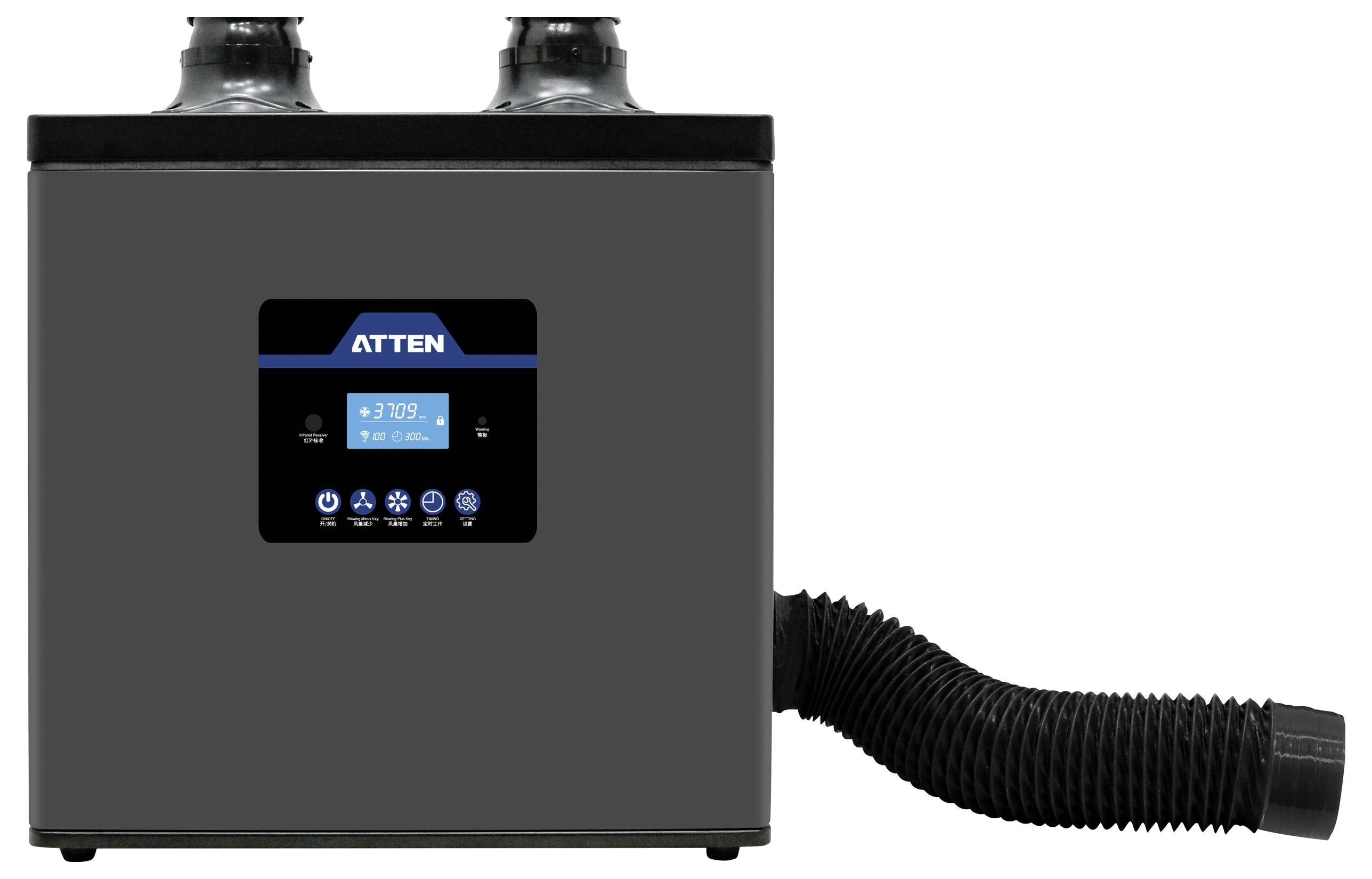 Een kleine industriële machine met een digitaal display dat metingen weergeeft. Twee luchtopeningen bevinden zich bovenop, en een flexibele afvoerpijp steekt uit aan de zijkant.