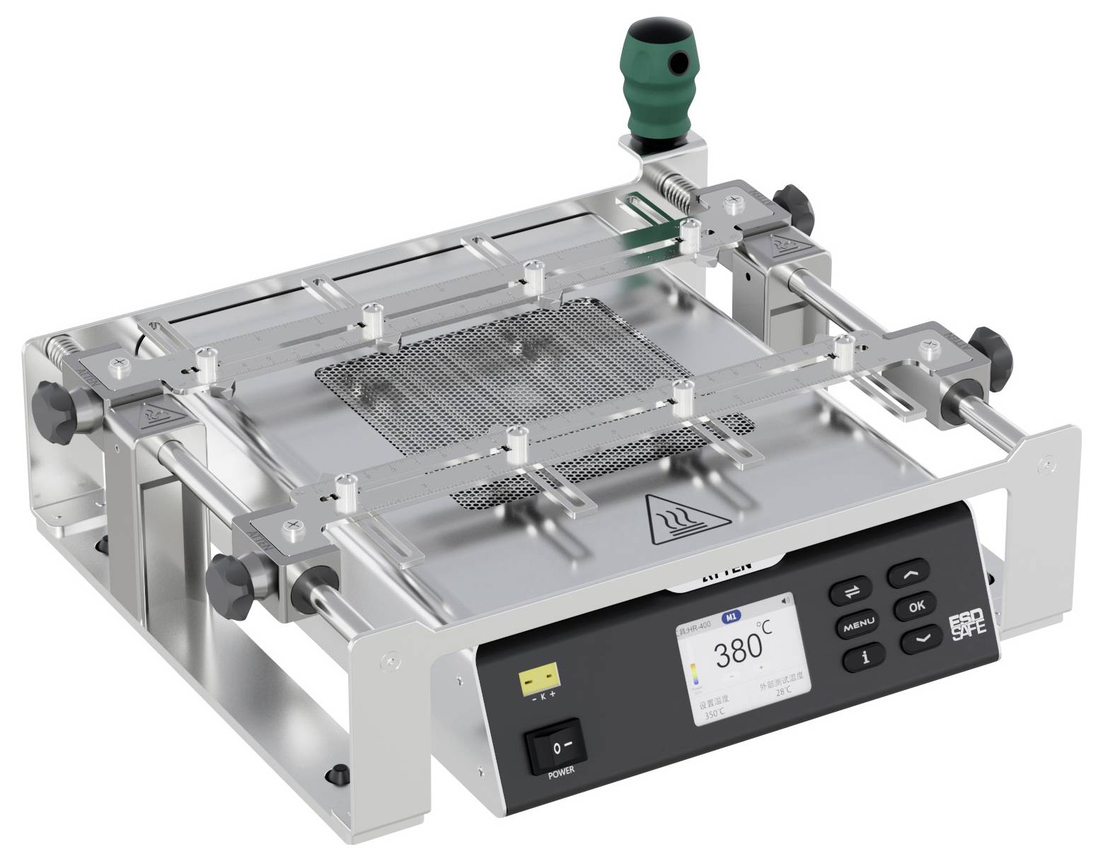 Een metalen machine met een digitaal display waarop '380°C' staat, voorzien van knoppen en verwarmingselementen, gebruikt voor nauwkeurige temperatuurregeling in industriële omgevingen.