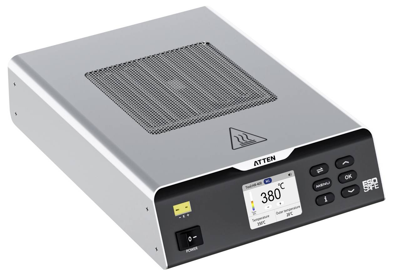 Een zilveren soldeerapparaat met digitaal display toont temperatuur '380°C.' Het apparaat heeft bedieningsknoppen en een aan/uit-schakelaar aan de voorkant.