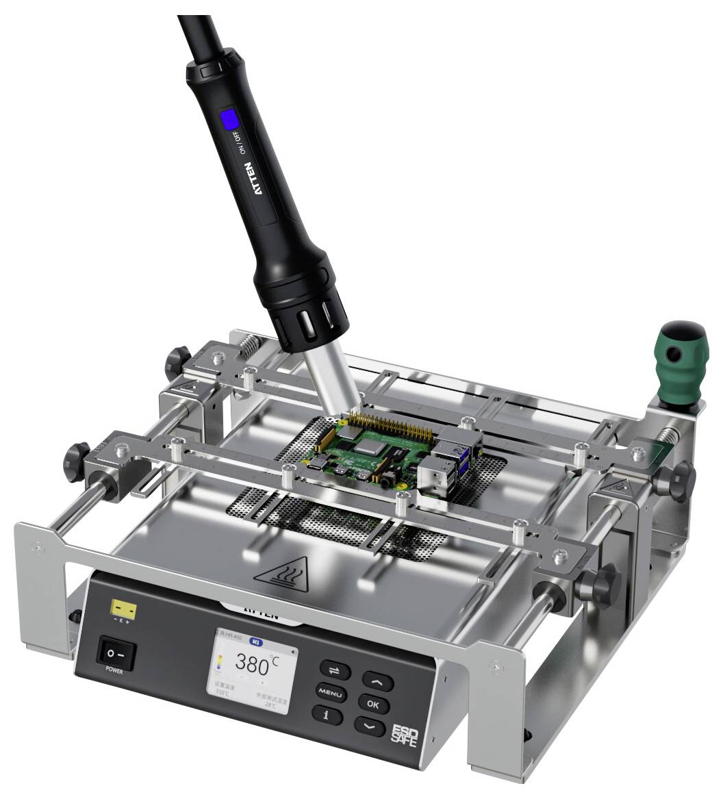 Een soldeerapparaat is gepositioneerd boven een elektronische printplaat op een metalen steun, met een digitaal display dat '380°C' aangeeft.