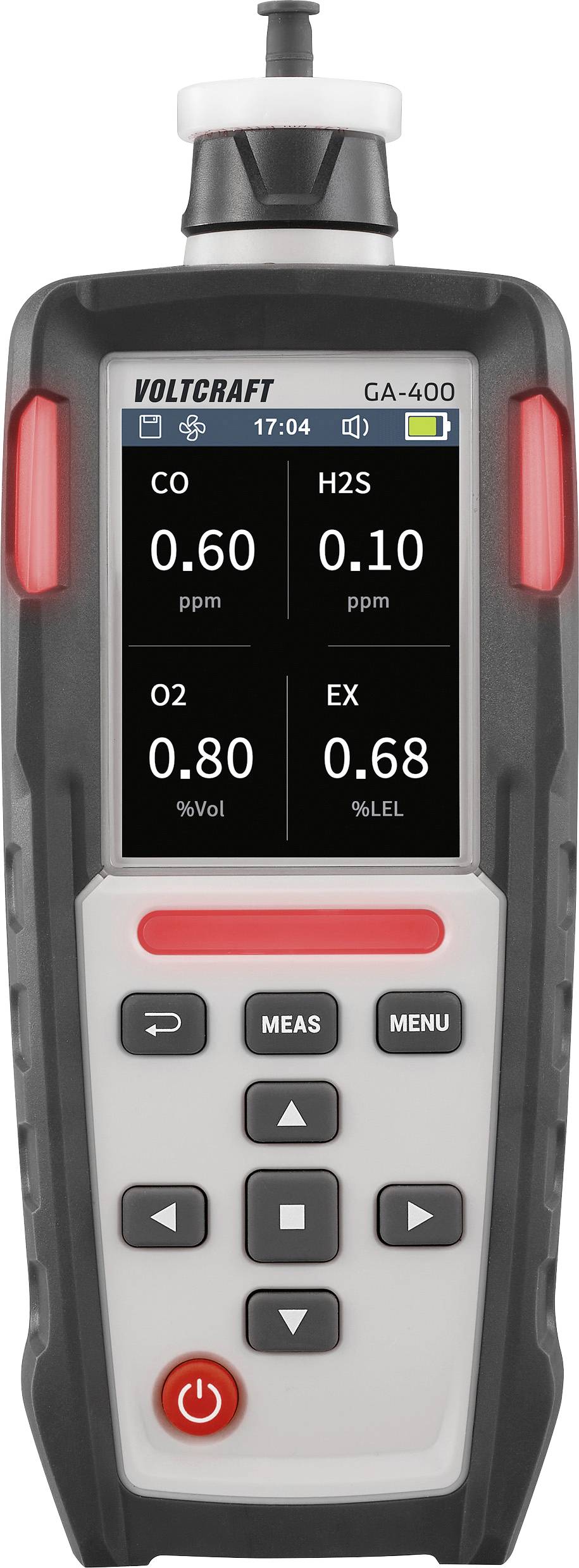 Een handheld gasdetectieapparaat geeft metingen weer voor CO, H2S, O2 en explosieve gassen met een digitaal scherm en bedieningsknoppen.