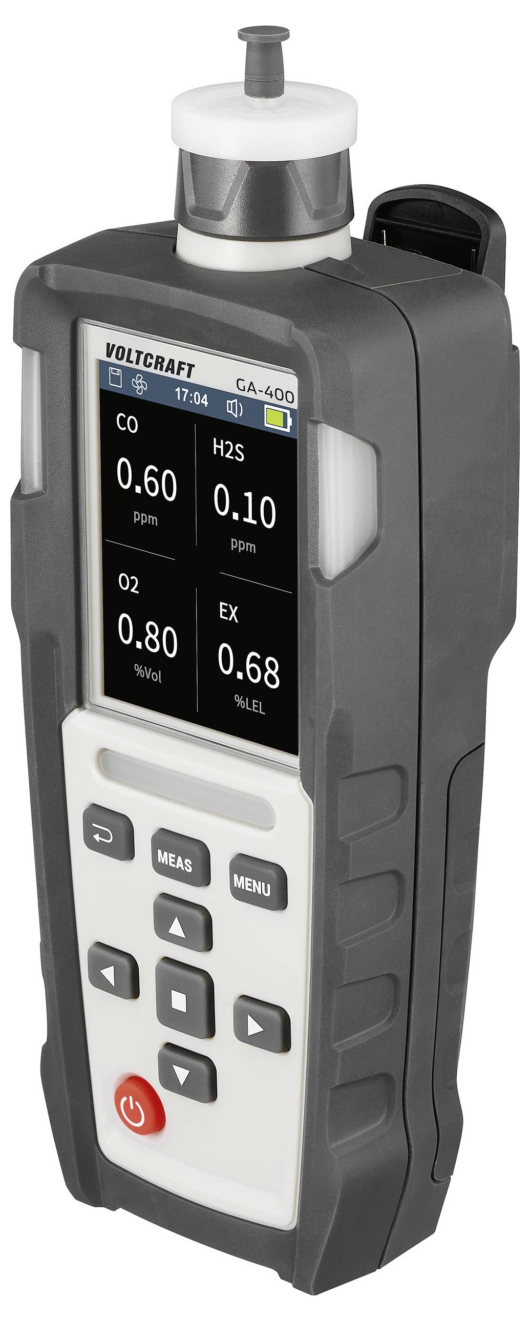'Voltcraft gasdetector met scherm dat CO, H2S, O2 en EX niveaus weergeeft.'