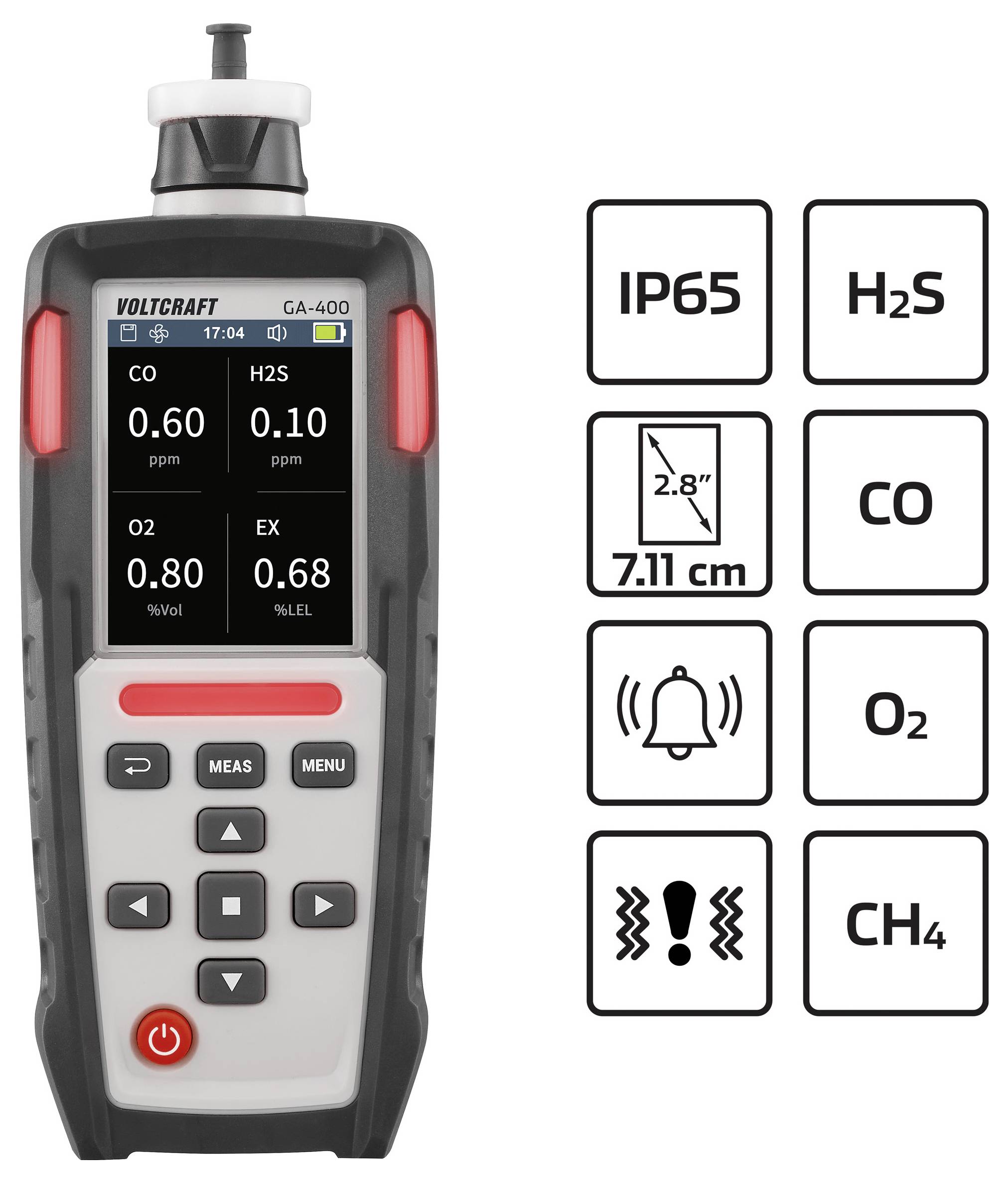 Gasdetecteerapparaat met scherm met gasconcentraties: CO op 0,60 ppm, H2S op 0,60 ppm, O2 op 20,8%, EX op 0,68%. Labels voor IP65, H2S, CO, O2, CH4, 7,1 cm scherm, alarmpictogrammen.