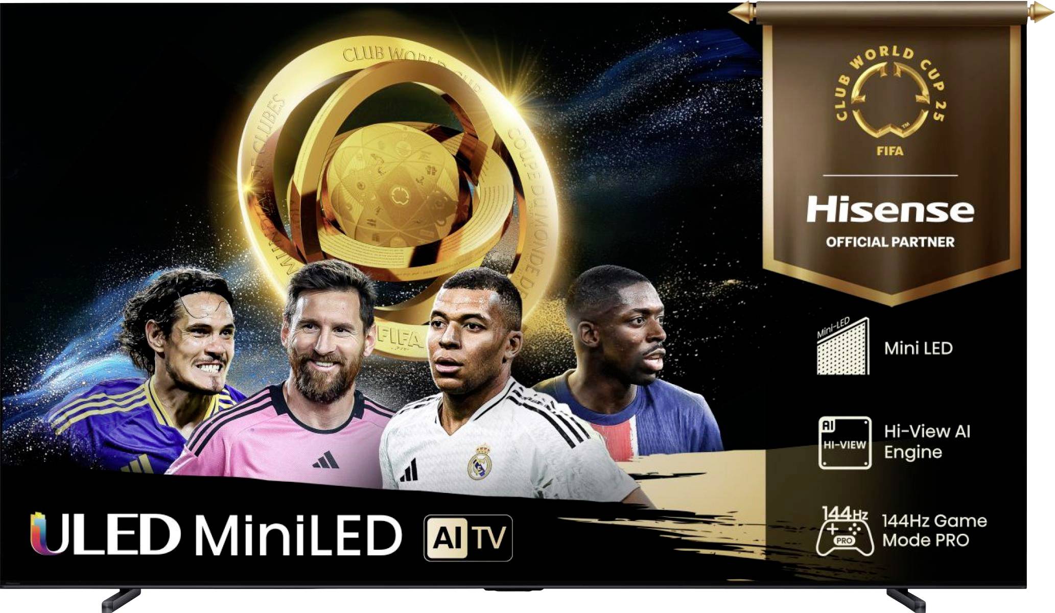 'Hisense Mini LED ULED TV' promotieafbeelding met vier voetbalspelers met een FIFA Club World Cup thema.