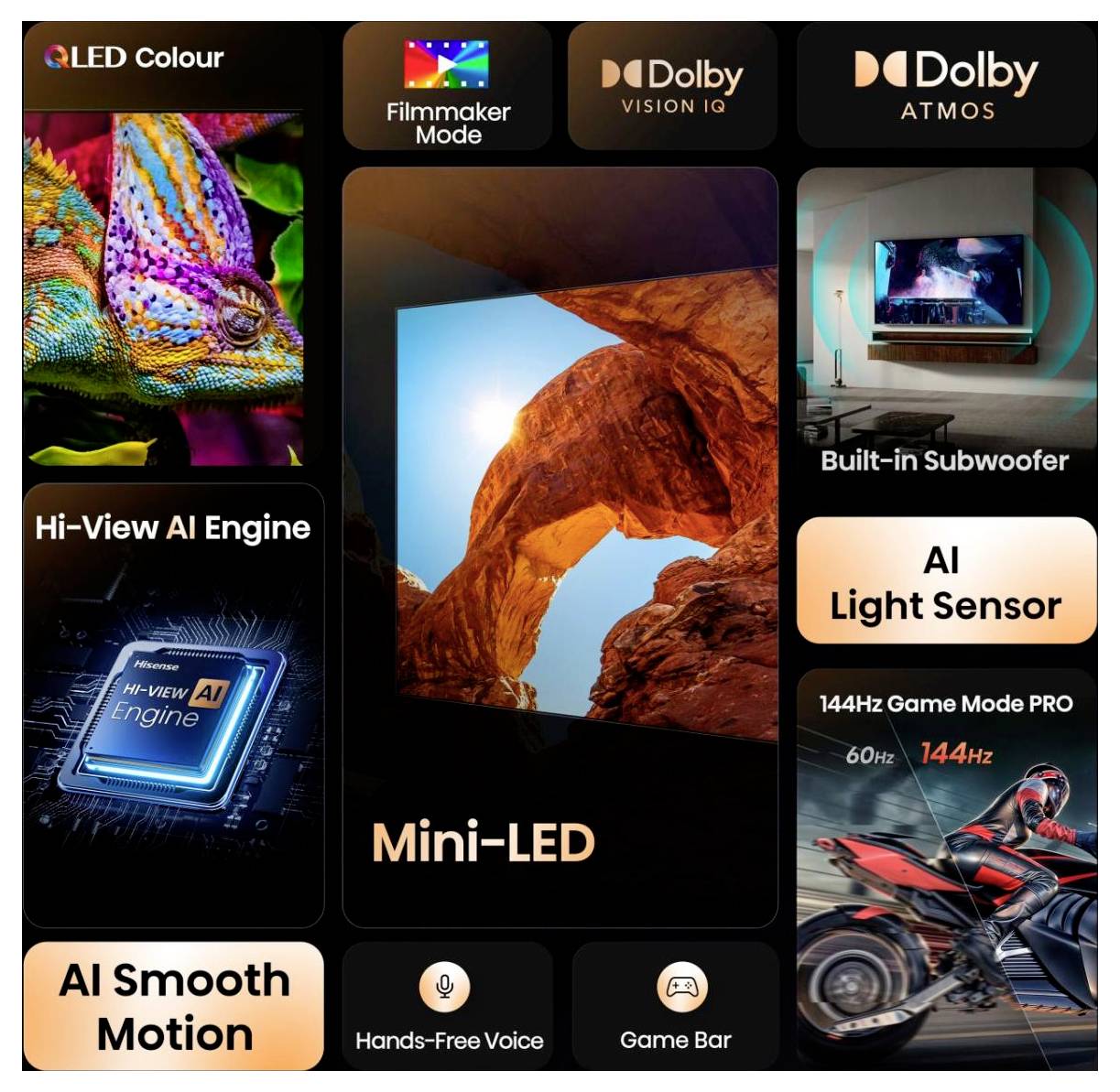 'QLED-kleurweergave'-technologie met een afbeelding van een kameleon, 'Mini-LED'-display met een natuurlijke boografoto, en functies zoals 'AI Smooth Motion' en 'Dolby Atmos'.