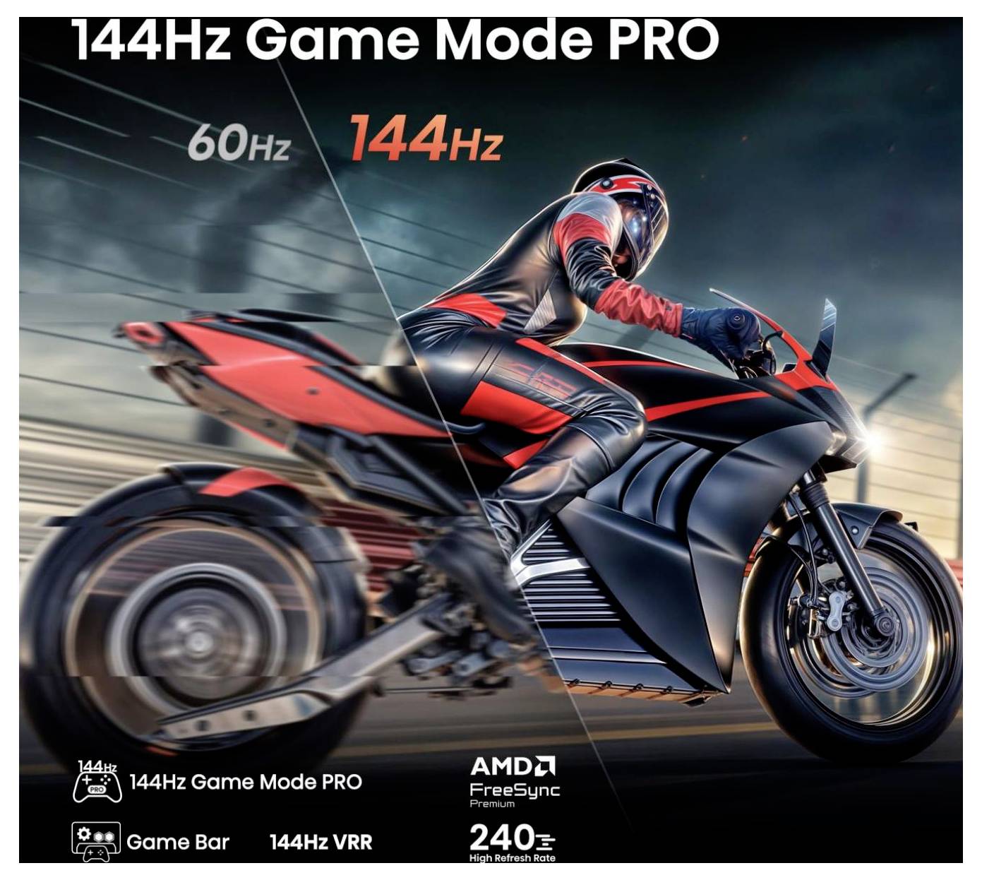 Een vergelijkingsafbeelding die een motorrijder toont op een rood en zwarte motor, met gesplitste secties van 60 Hz aan de linkerkant en 144 Hz aan de rechterkant, die de verschillen in bewegingsvloeiendheid illustreren.
