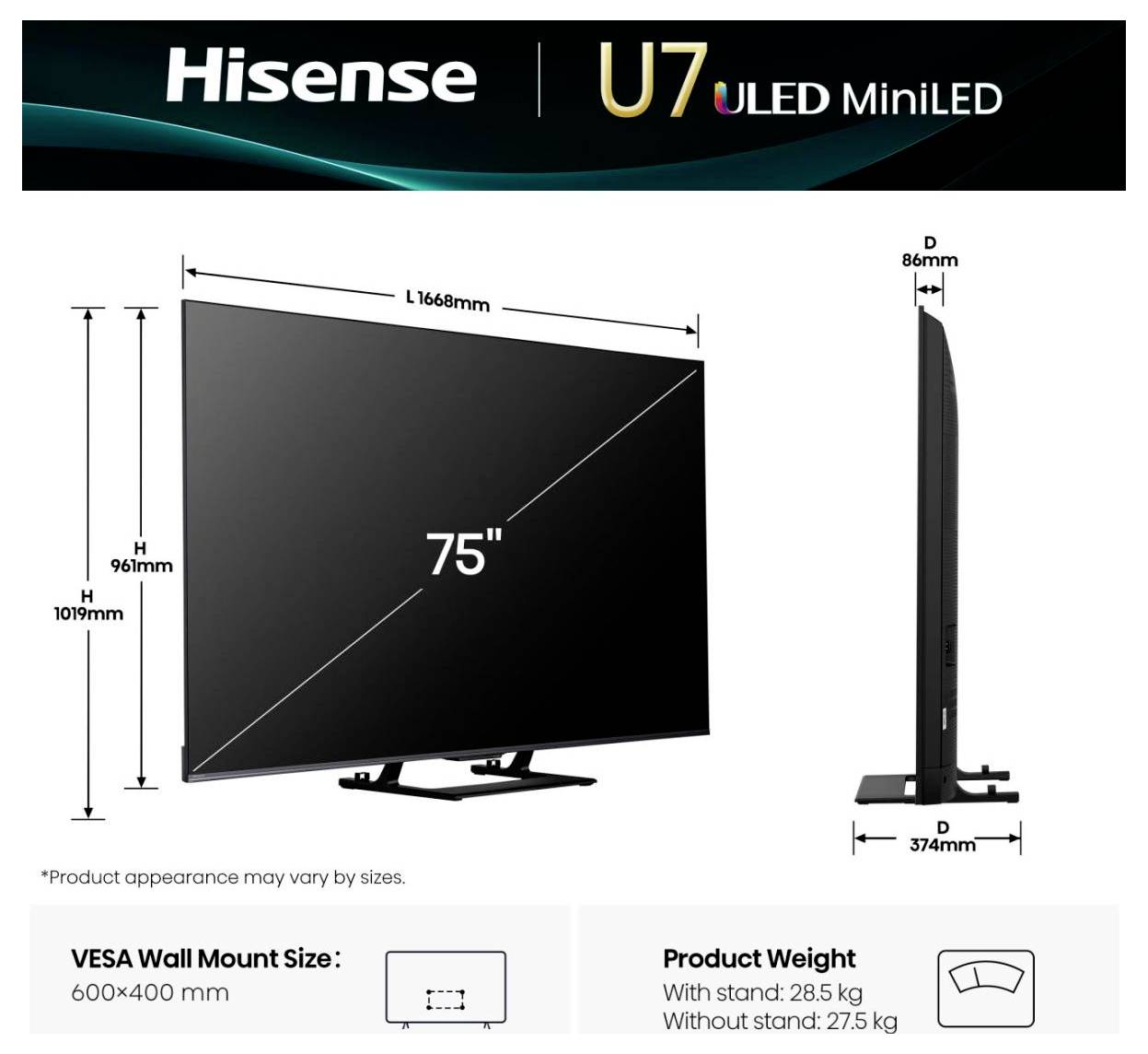 'Hisense U7 ULED MiniLED TV' getoond met meerdere perspectieven. Hoofdweergave toont een 75" scherm. Afmetingen en gewichten worden aangegeven.