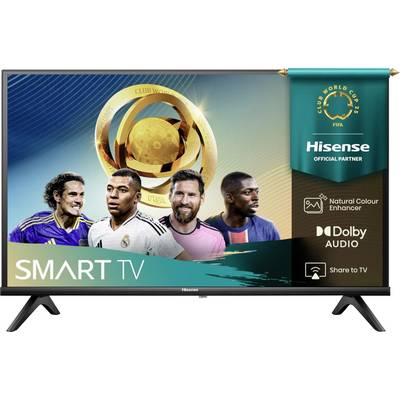 Een tv die voetbalspelers toont en een FIFA Club World Cup-trofee met functies zoals 'Natural Colour Enhancer', 'Dolby Audio' en 'Delen naar tv'.